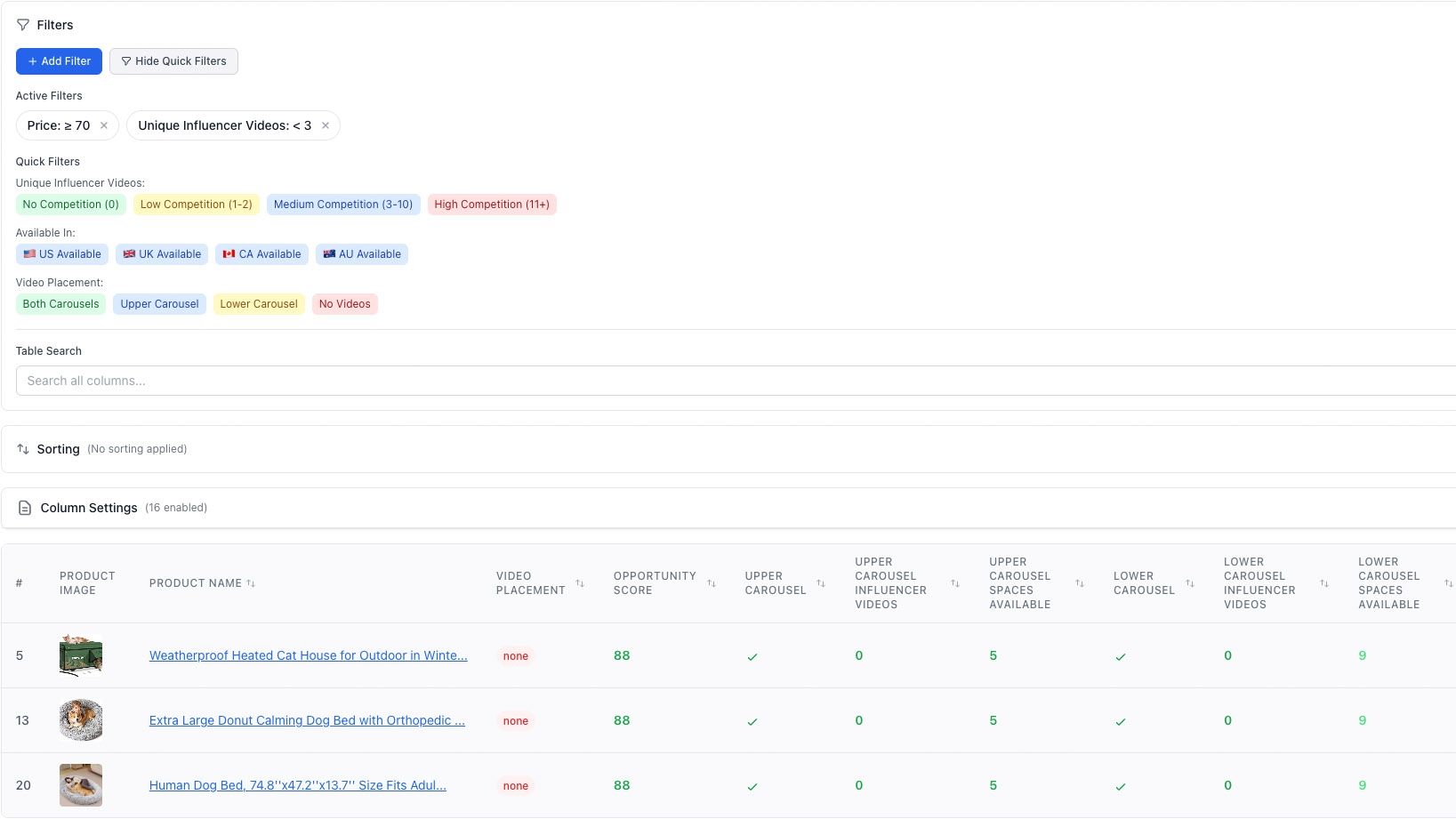 MonkTable comparator showing products filtered and sorted by opportunity score